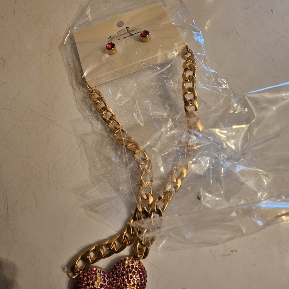 Gold and Pink Heart Necklace and Earring Set